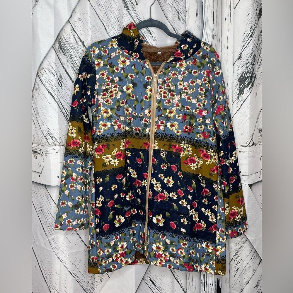 Cellabie Floral Hooded Coat Canvas Fuzzy Lining Front Pockets M